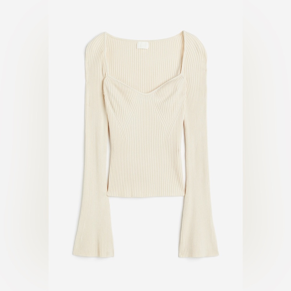 H&M Sweetheart Neckline Ribbed Knit Sweater Flared Sleeves Minimalist Fall Vibes
